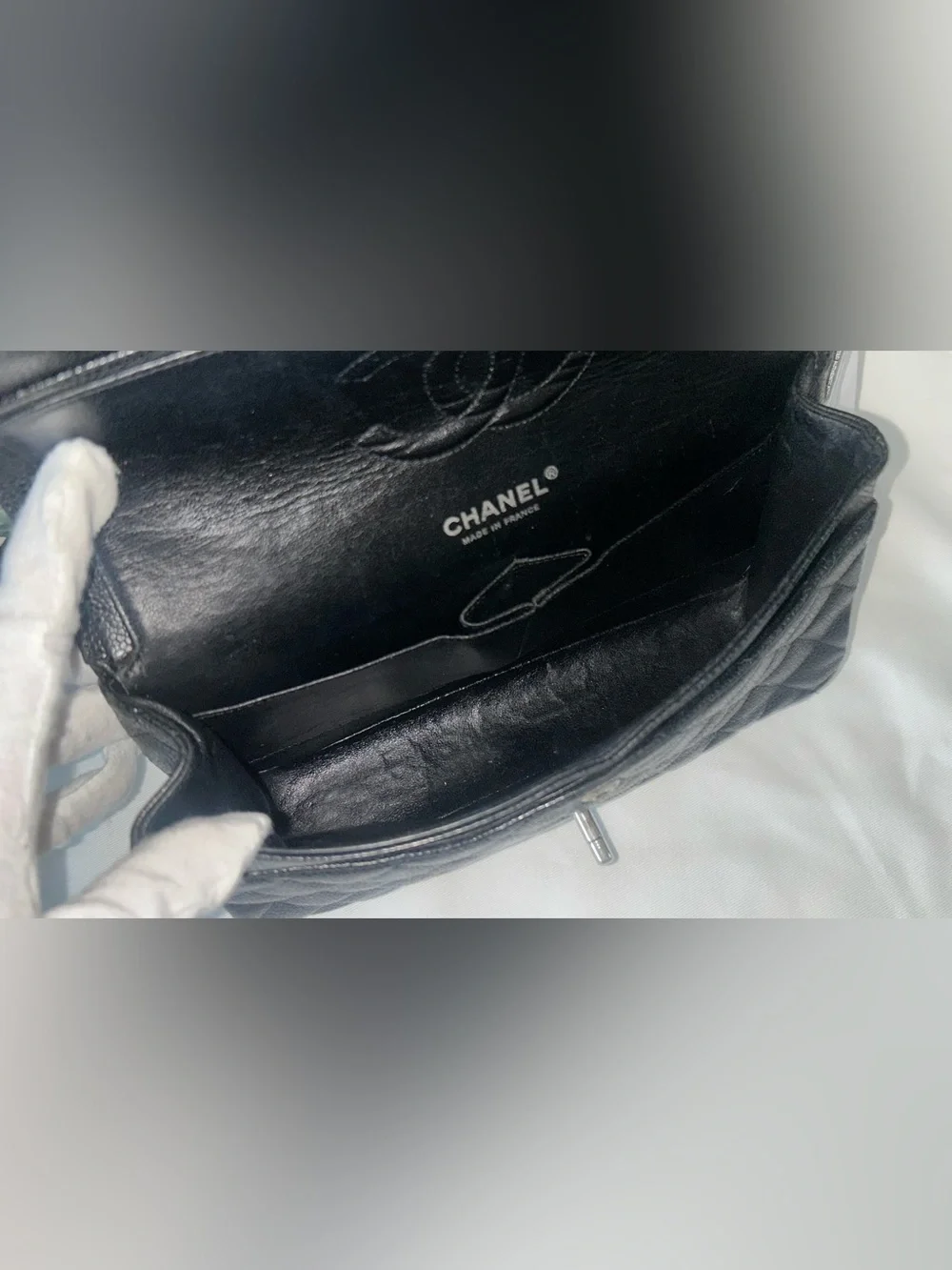 CHANEL Medium Classic Double Flap Caviar Leather Quilted Handbag Black